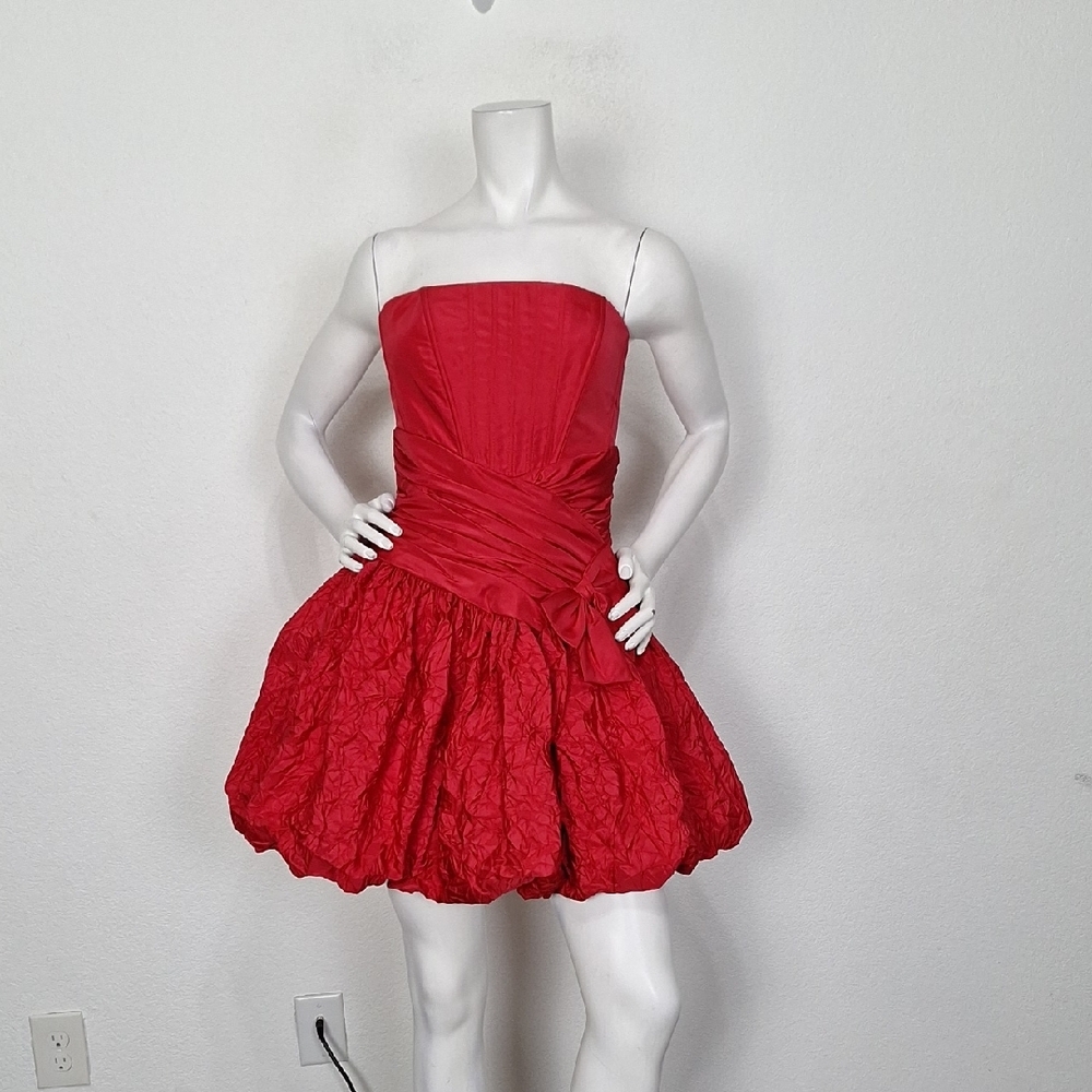 Strapless Red Party Dress with Ruched Waist